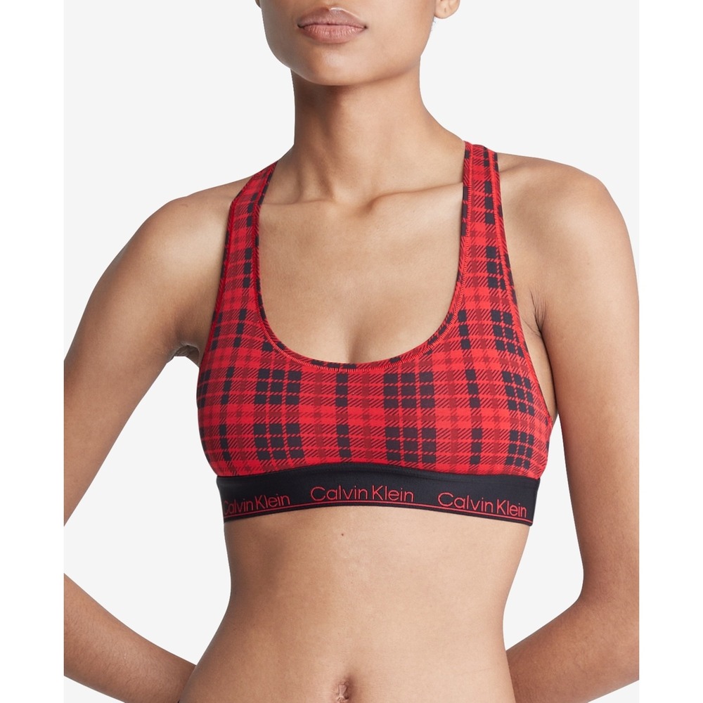 Calvin‎ Klein Women's Modern Cotton Unlined Wireless Bralette Red Plaid Rouge M